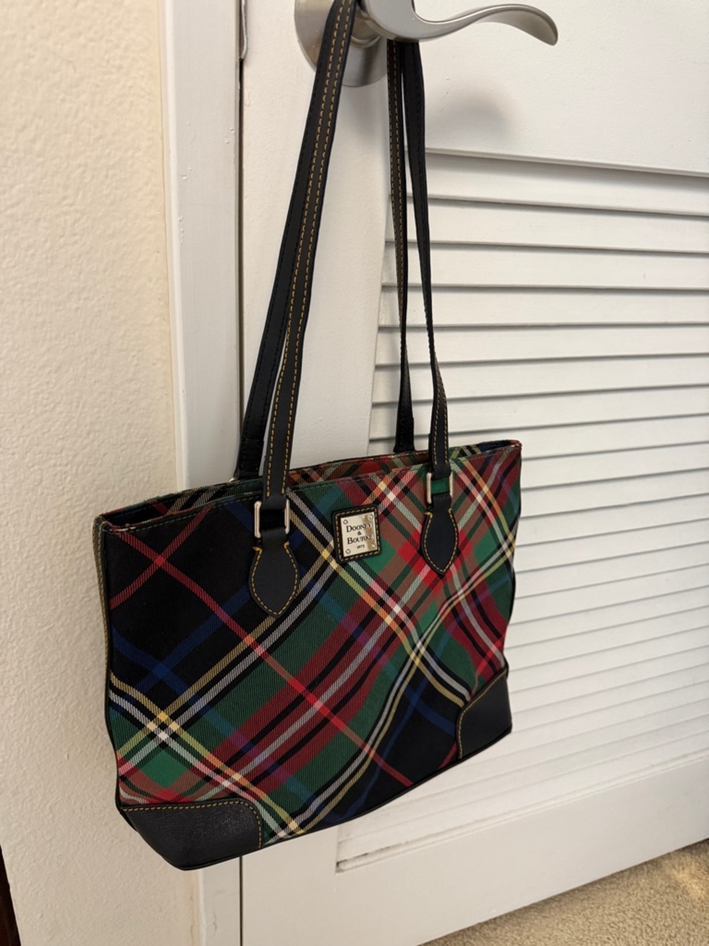 Dooney & Bourke Plaid Tartan Tote Shoulder Bag Navy Green Red Tassel Zip